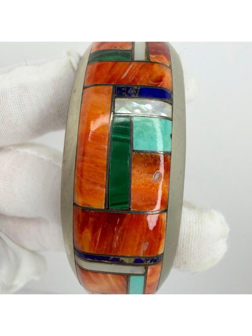 Vintage RB Navajo Sterling Silver Multi Stone Inlay Cuff Bracelet